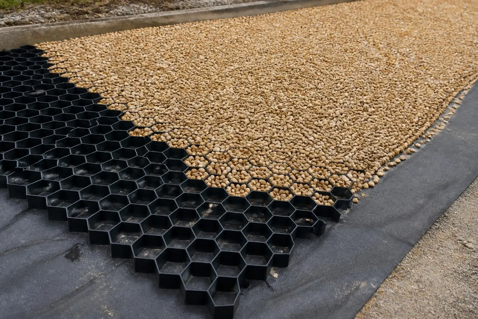Plastic grid panels partly filled with angular gravel on a driveway